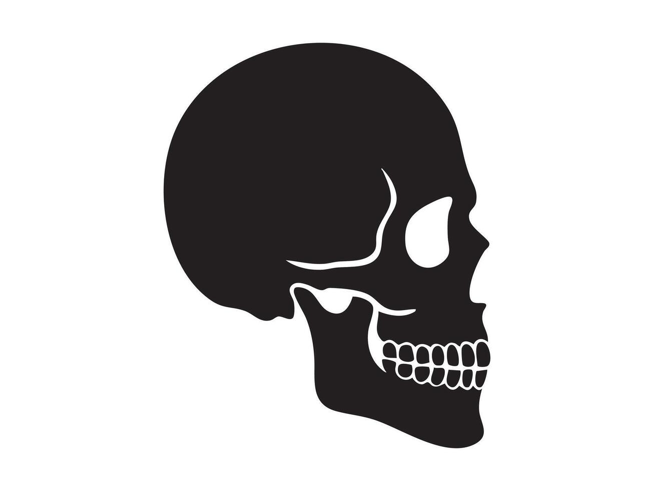 Black silhouette of human skull in side view isolated on white background, graphic illustration. concept of anatomy, halloween icon, skull art, design element vector