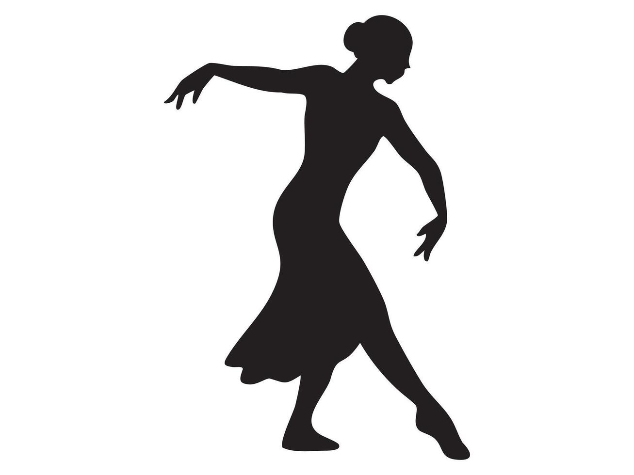 Black silhouette of woman dancing in elegant pose, isolated on white background, graphic illustration. concept of dance, performance, ballerina, artistic expression, icon vector