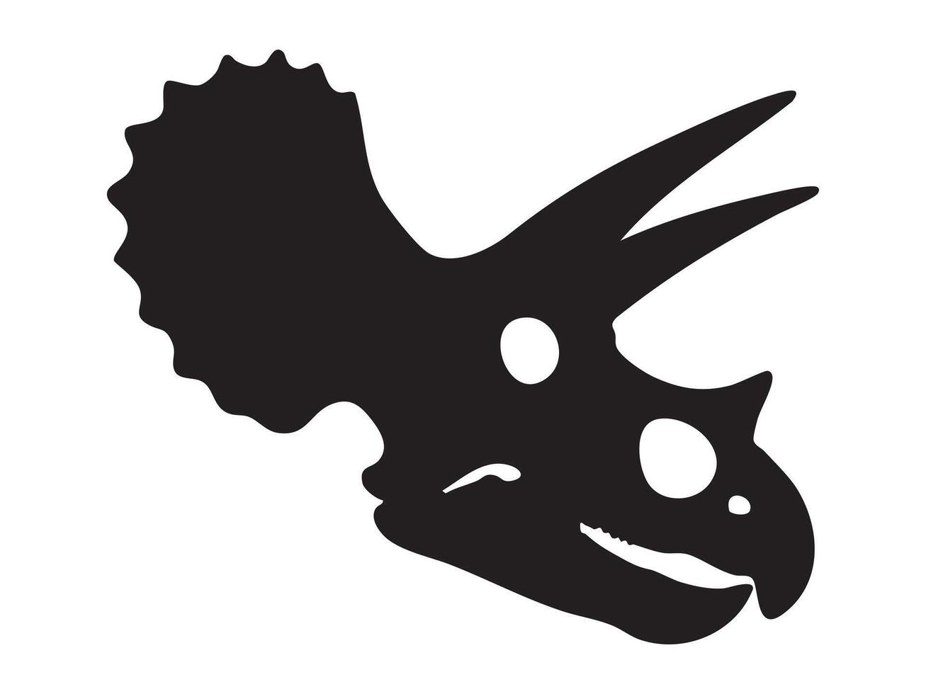 Black silhouette of Triceratops skull with large horns and frill, isolated on white background, graphic illustration. Concept of prehistoric dinosaur skeleton, ceratopsian fossil, design element vector