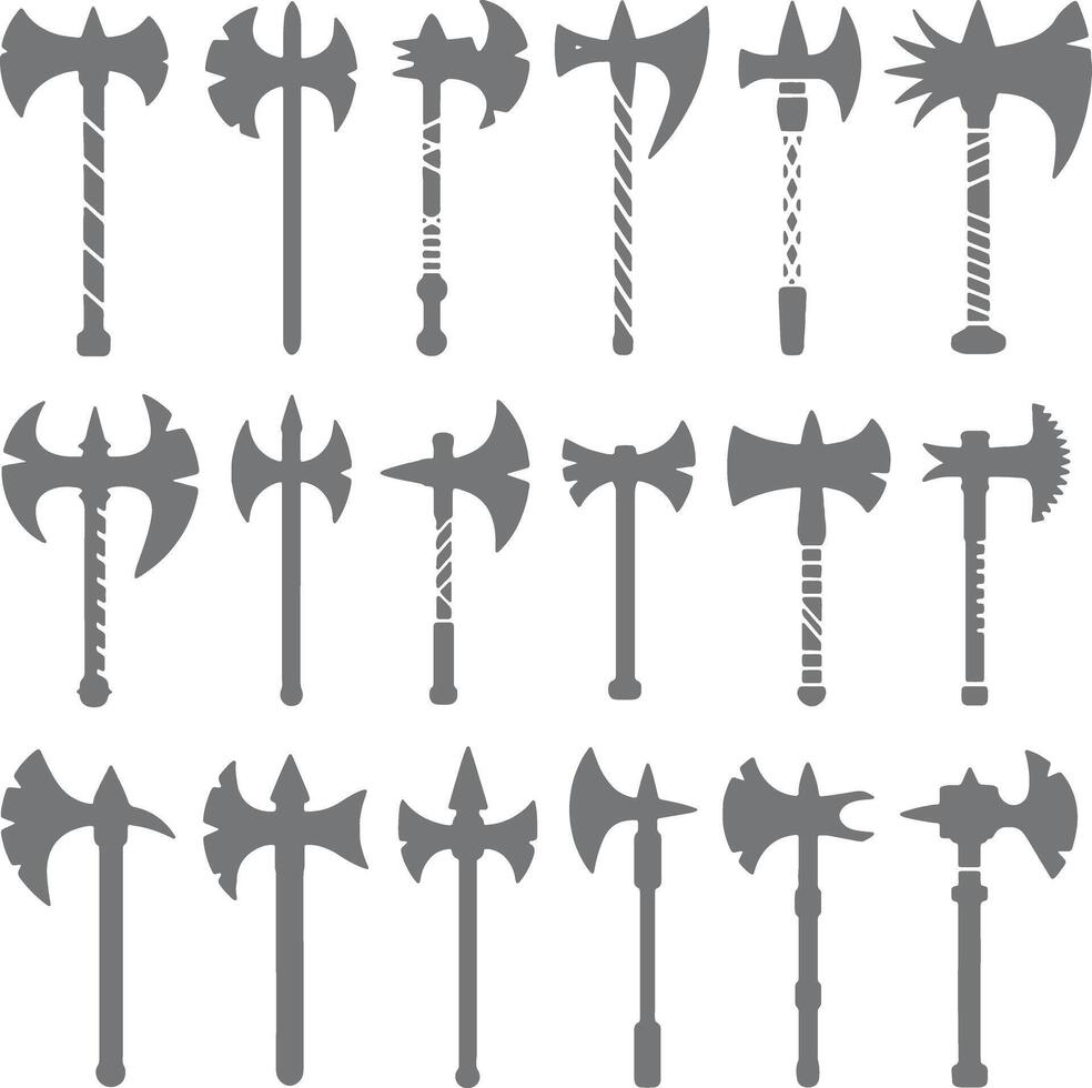 Collection of Grey Axe Silhouettes Various Designs Medieval Fantasy Weaponry Game Icons Set vector