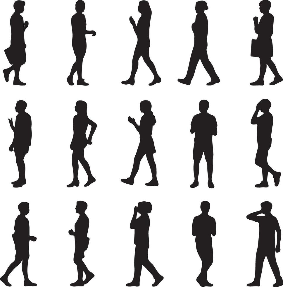 Fifteen Black Silhouettes of People Walking and Standing in Various Poses Against a White Background Simple Graphic vector