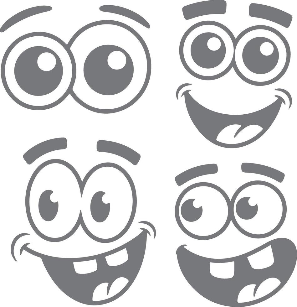 Four Gray Cartoon Faces with Big Eyes and Happy Expressions Silhouette Style Illustrations Set vector