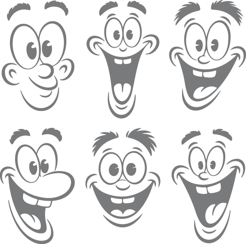Six Gray Scale Cartoon Face Silhouettes with Varying Expressions Big Eyes Wide Open Mouths Happy Joyful vector