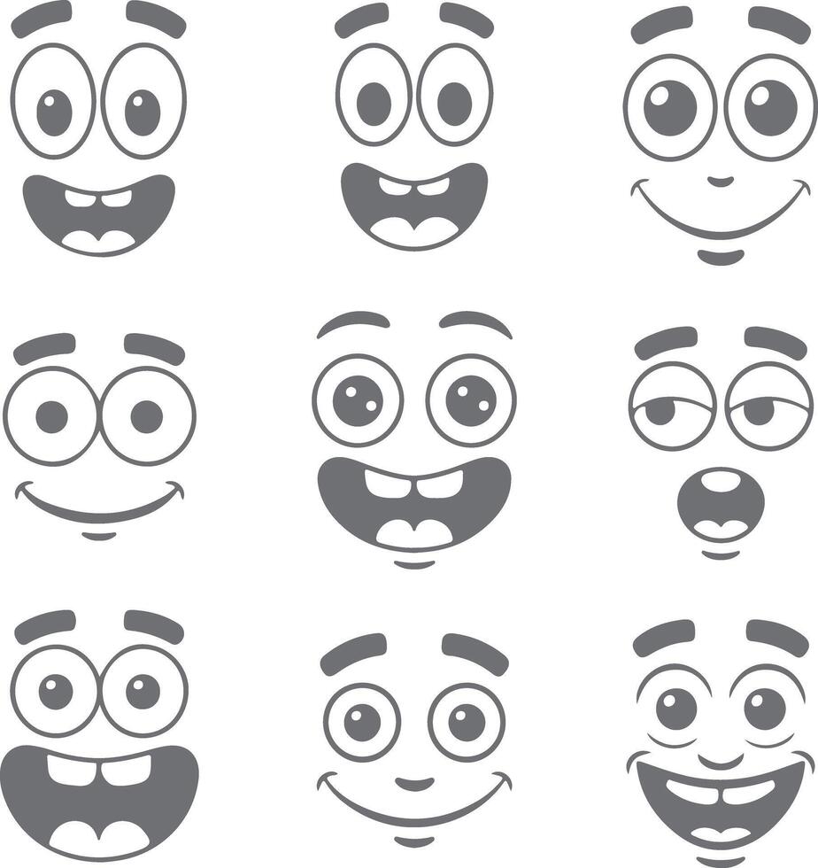 Nine Gray Cartoon Faces Showing Various Expressions Happy Surprised Sleepy Smiling Wide Open Eyes Big Mouths Simple Silhouette Style vector