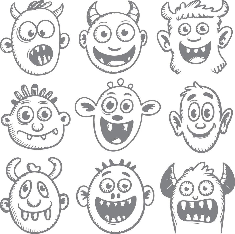 Nine Grey Scale Cartoon Monster Silhouettes with Varying Expressions and Features Hand Drawn Sketch Style Fun Quirky Characters vector