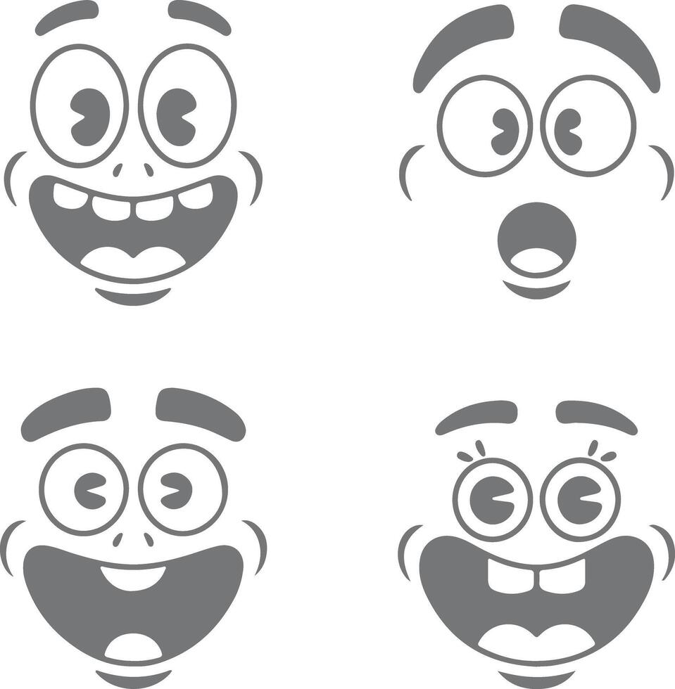 Four Gray Cartoon Faces Showing Different Expressions Happy Surprised and Silly Wide Open Mouths Big Eyes Simple Silhouette Style vector