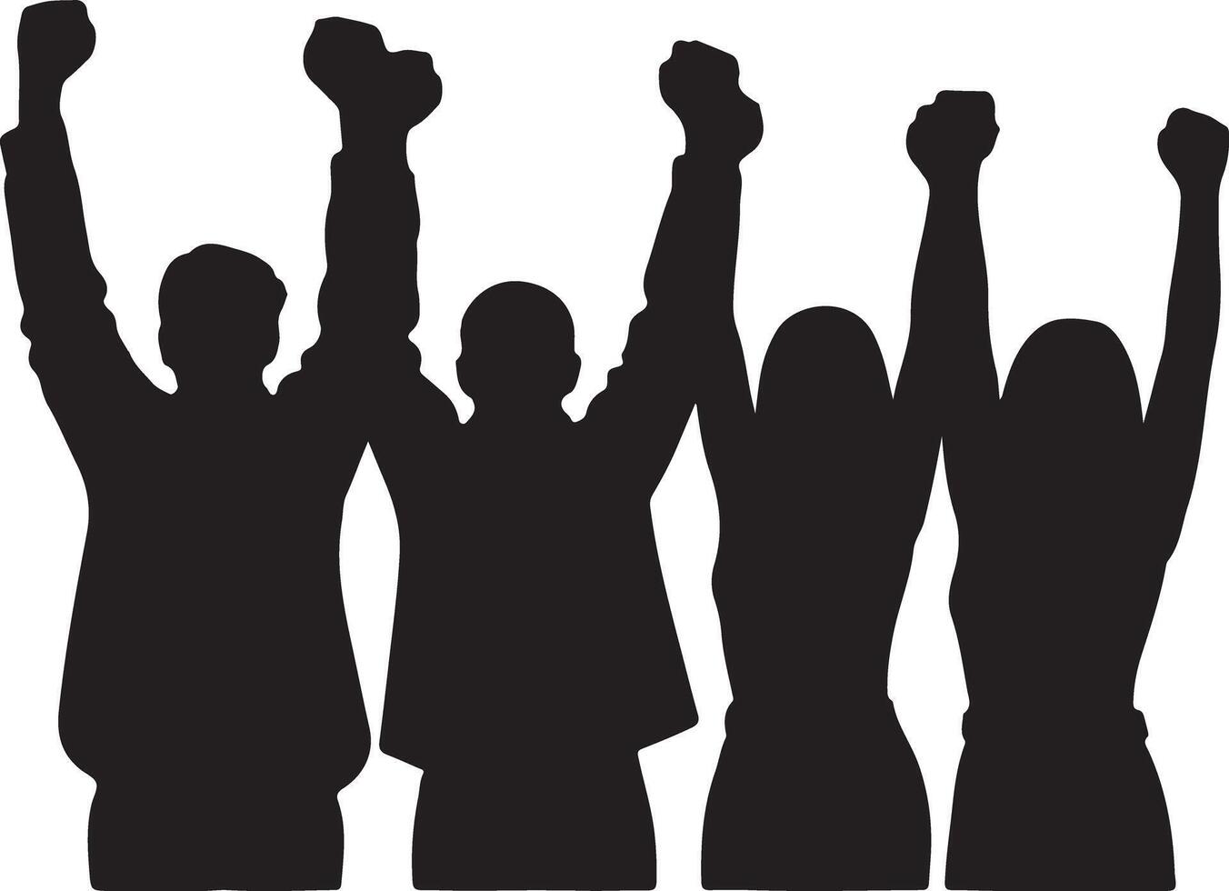 Four Black Silhouettes of People with Arms Raised in Celebration Unity Teamwork Success Achievement vector