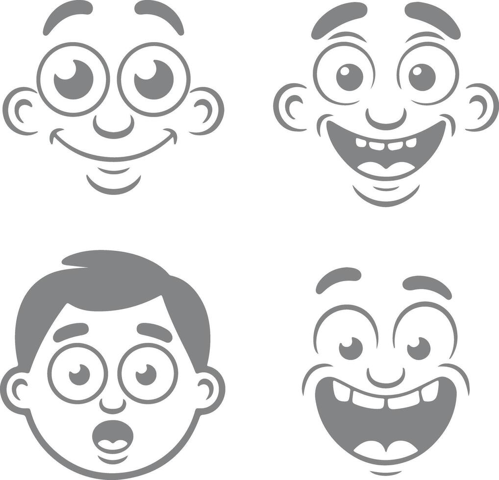Four Gray Cartoon Faces Showing Different Expressions Happy Surprised and Laughing Silhouettes Illustrations vector