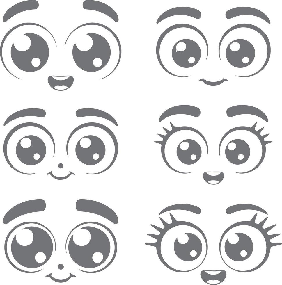 Six Gray Cartoon Eyes and Mouths Set Cute Childlike Expressions Happy Smiling Faces Silhouette Style Graphics Design Elements vector