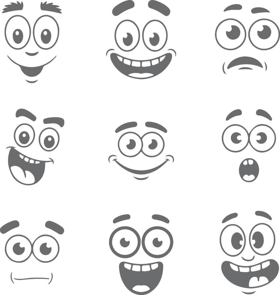 Nine Gray Cartoon Faces Showing Diverse Expressions Happy Surprised Anxious Silly Smiling Illustrations Silhouette Style vector