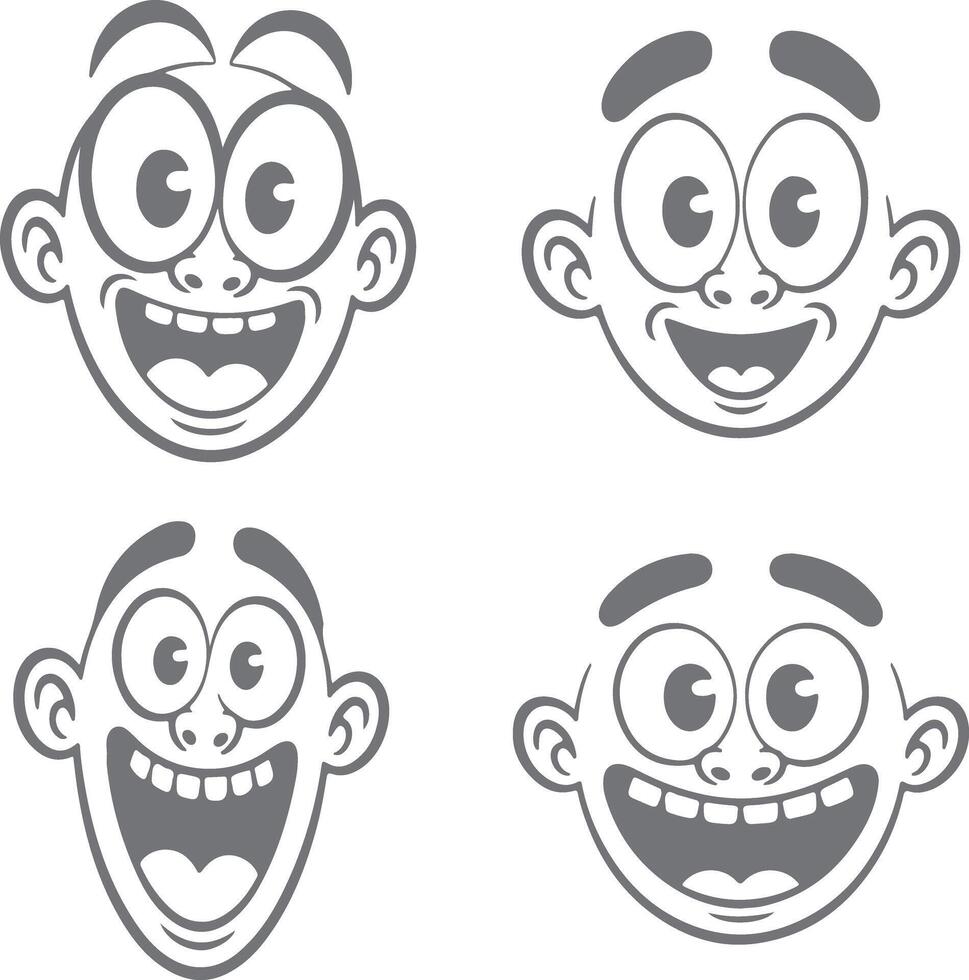 Four Gray Cartoon Silhouettes of Happy Smiling Faces with Wide Open Mouths and Big Eyes Illustrative Style Set vector