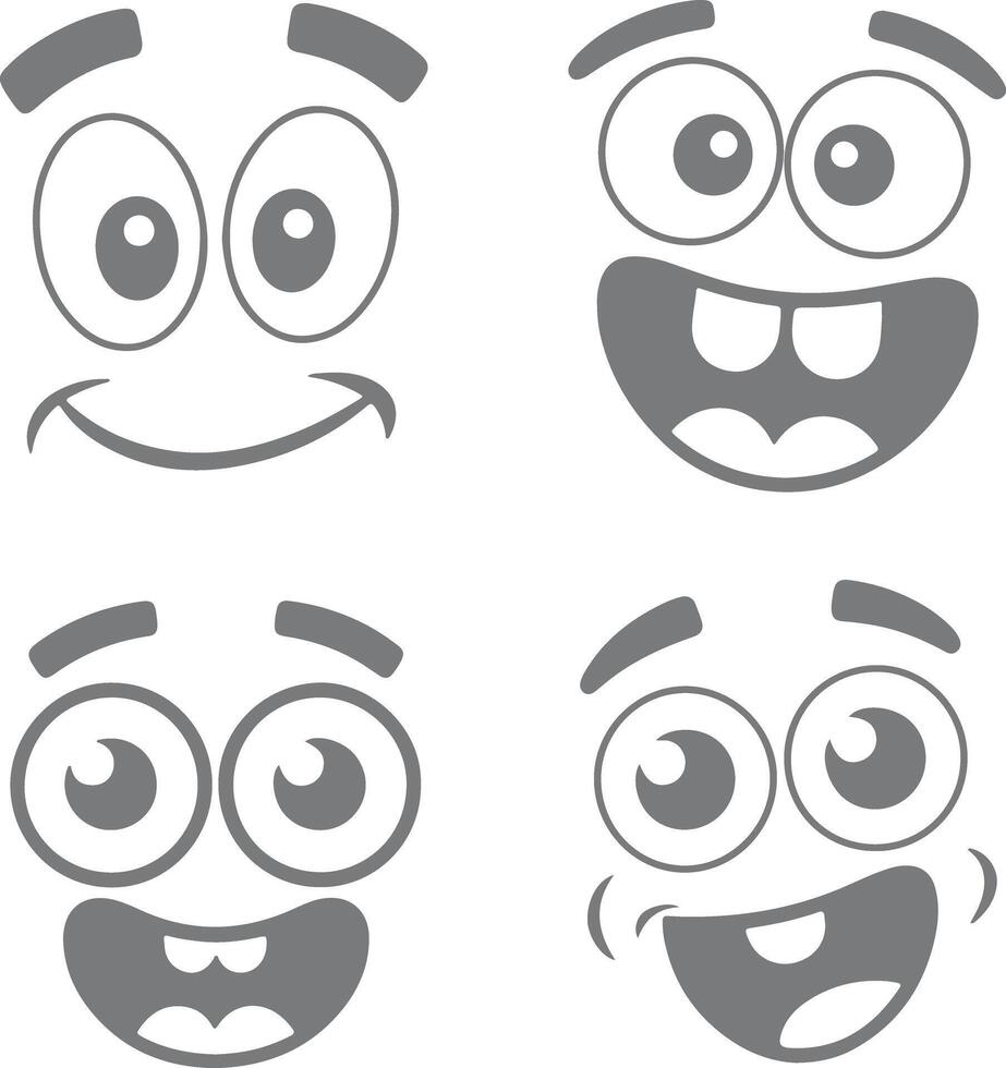 Four Gray Cartoon Faces with Varying Expressions Happy Smiling Excited and Playful Silhouette Style Illustrations vector