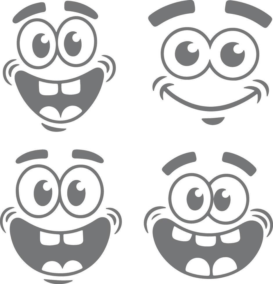 Four Gray Cartoon Face Silhouettes with Varying Expressions Big Eyes Wide Smiles and Happy Moods Simple Illustrations vector