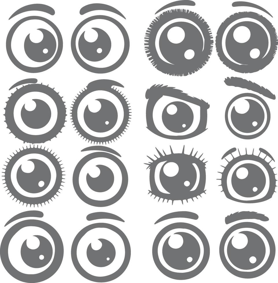 Sixteen Gray Cartoon Eye Silhouettes Various Styles Eyebrows Expressions Set Design Elements vector