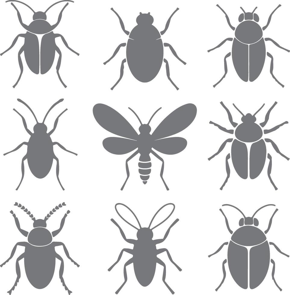 Nine Gray Insect Silhouettes Collection Various Beetle and Fly Types Simple Graphic Design Elements vector