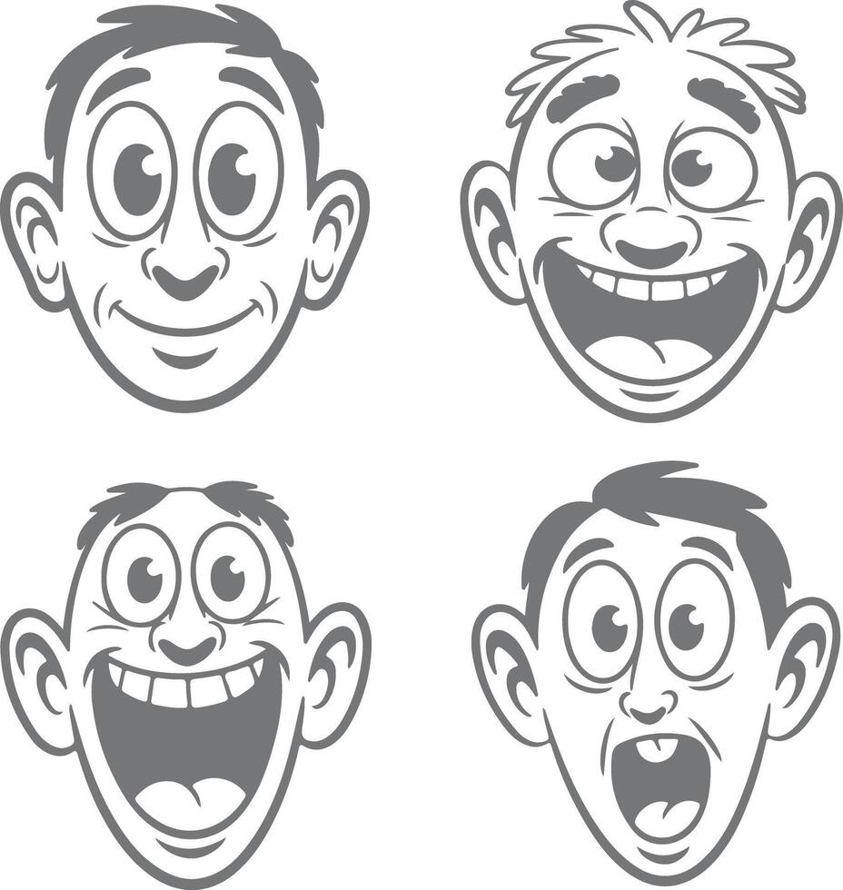 Four Gray Scale Cartoon Male Faces Showing Different Expressions Happy Surprised Shocked and Amazed Silhouette Style Illustration vector