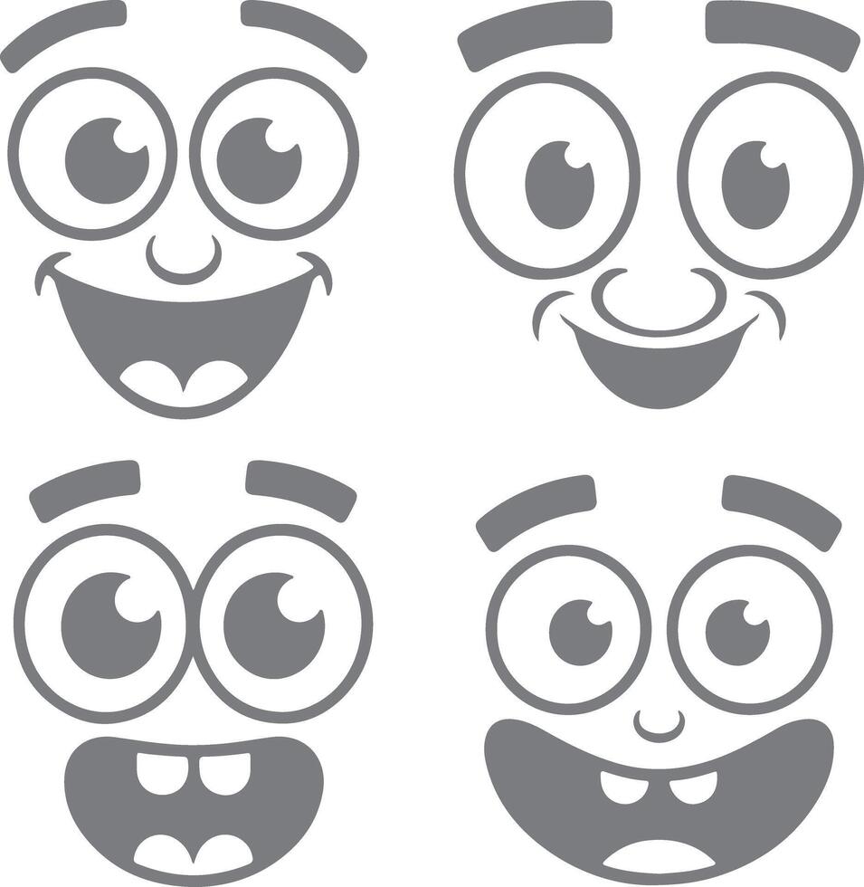 Four Grey Cartoon Faces with Big Eyes Smiling Expressions Happy Cheerful Silhouettes Illustration Set vector