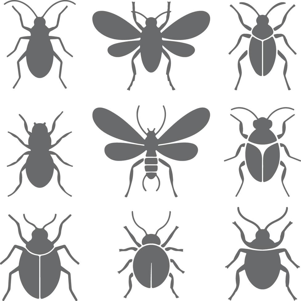 Nine Gray Insect Silhouettes Collection Beetle Bug Icon Set Graphic Design Elements for Pest Control Agriculture Nature Theme vector