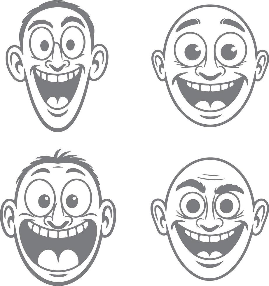 Four Gray Scale Cartoon Silhouettes of Happy and Surprised Men with Big Smiles and Wide Eyes Some with Hair Some Bald vector