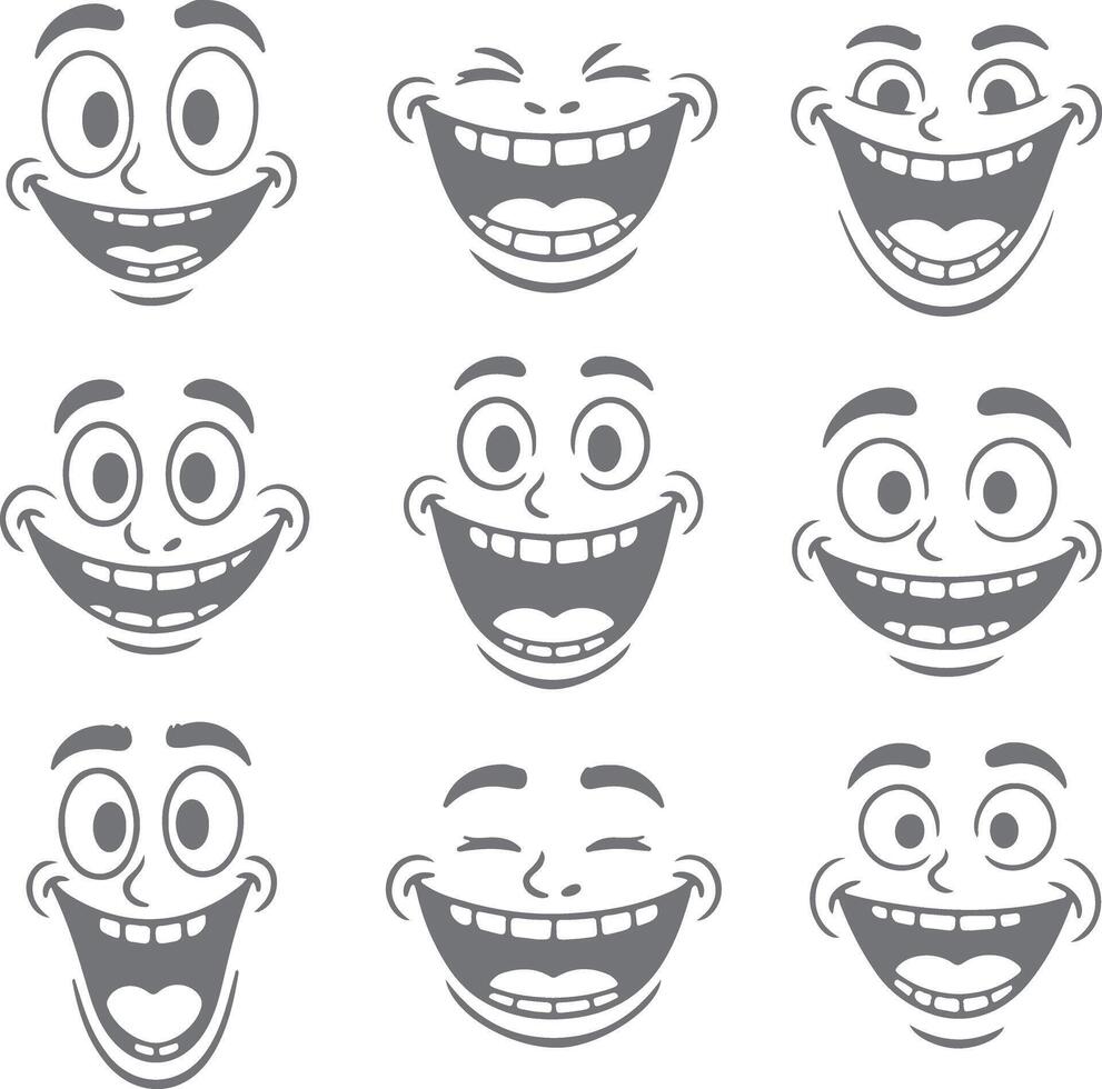 Nine Gray Scale Cartoon Faces Showing Wide Open Mouths and Exaggerated Expressions of Joy and Laughter Silhouette Style Illustrations vector