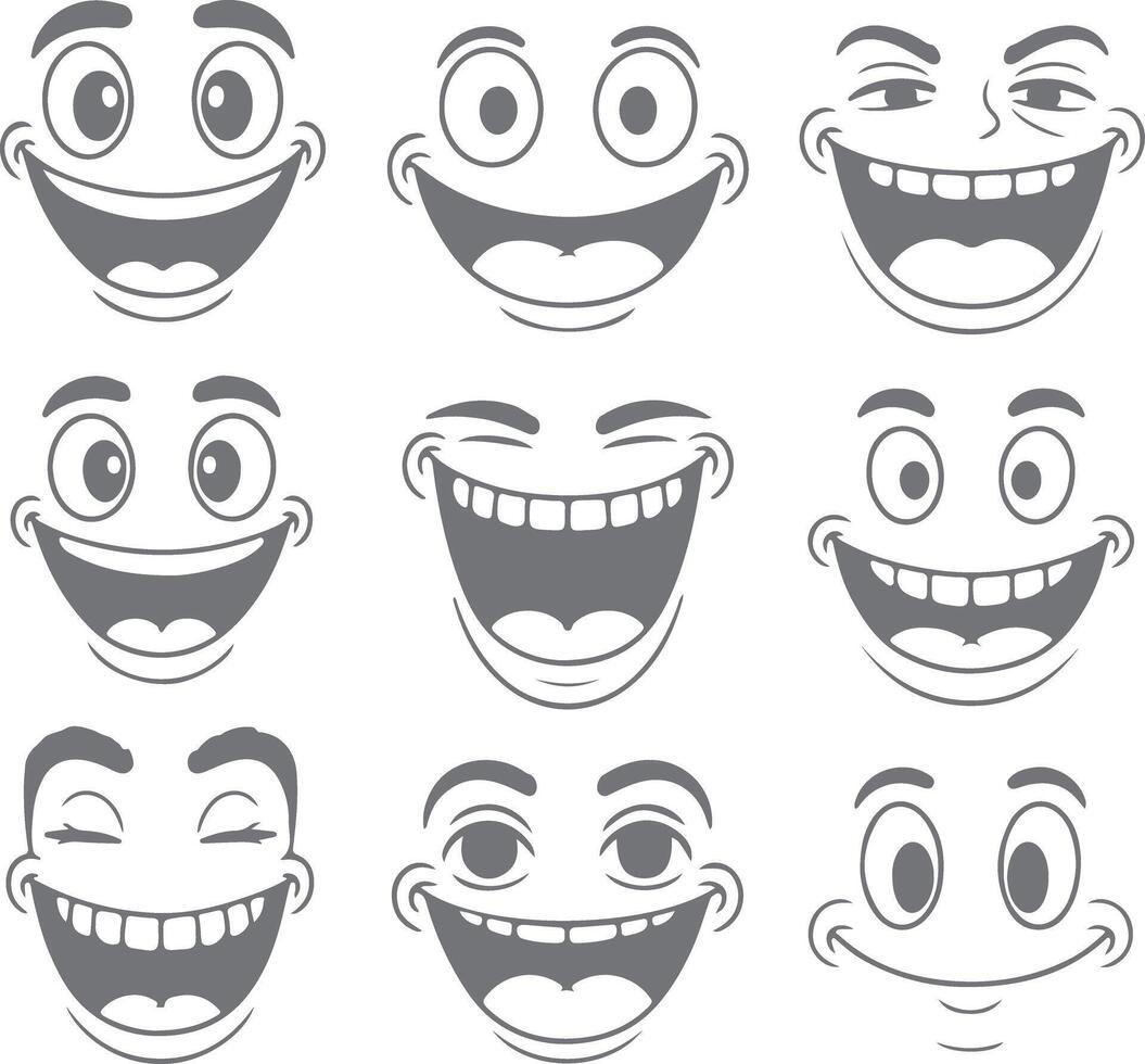 Nine Gray Scale Cartoon Face Silhouettes Displaying Various Happy Expressions Wide Open Mouths Big Eyes vector