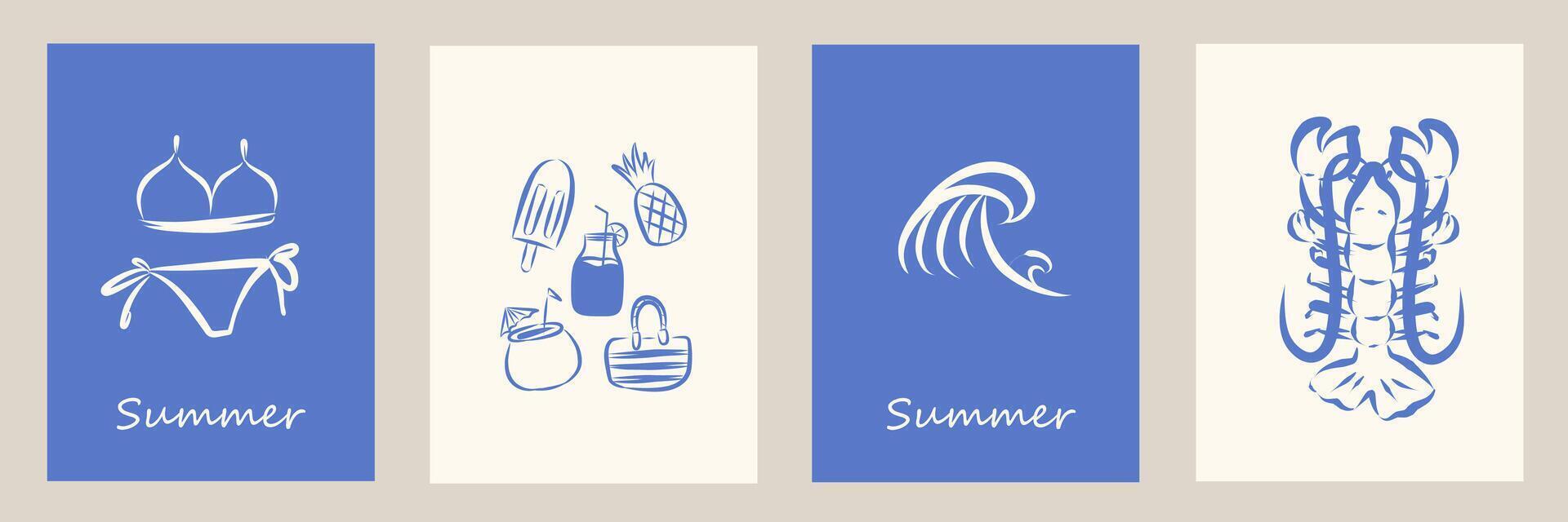 Set of modern abstract summer poster in sketch doodle style. Modern prints with hand drawn drink, bikini, lobster, fruit, wave. Vacation and beach concept. Trendy design for cards, wall art, branding. vector