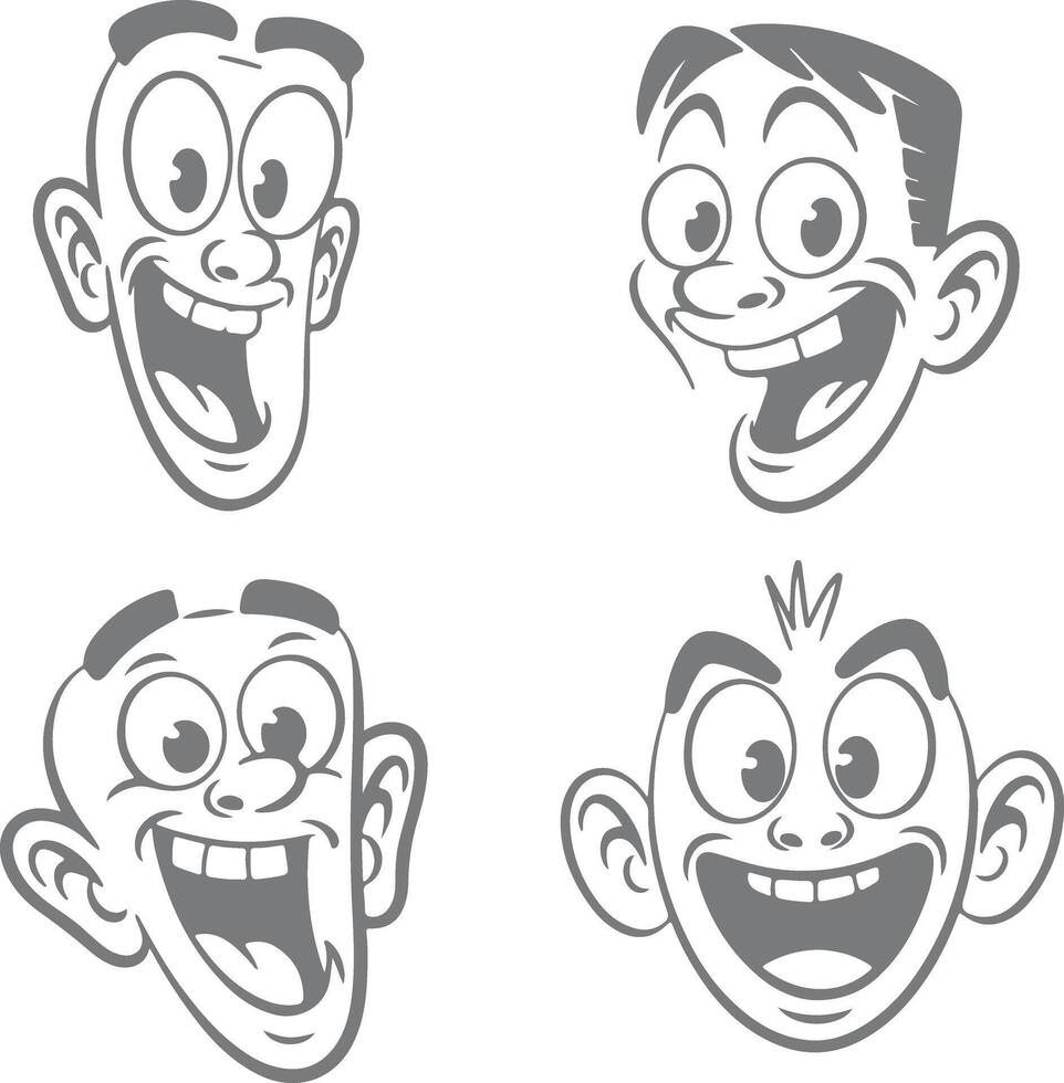 Four Grey Cartoon Silhouettes of Joyful Laughing Faces with Big Eyes and Wide Open Mouths Smiling Expressions in a Retro Style Illustration vector