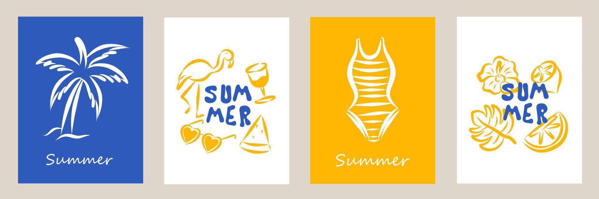 Set of modern abstract summer poster in sketch doodle style. Modern prints with hand drawn wine, bikini, lemon, palm tree. Vacation and beach concept. Trendy flat design for cards, wall art, branding. vector