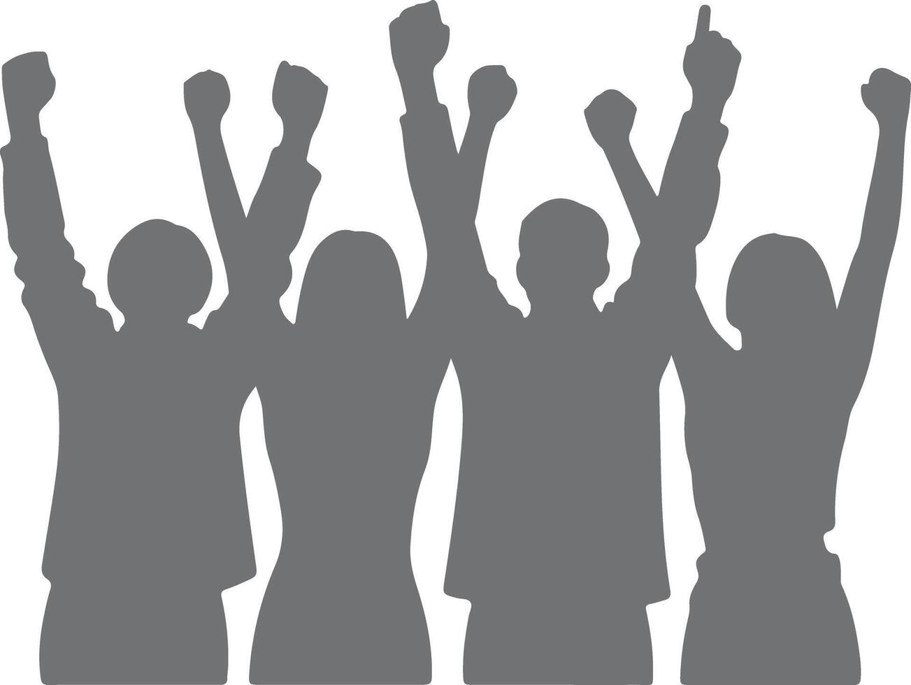 Gray Silhouettes of Four People with Arms Raised in Celebration Joyful Group Silhouette Uplifted Hands Teamwork Success vector