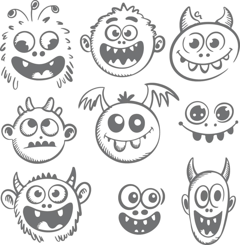 Nine Gray Scale Cartoon Monster Faces with Various Expressions Horns Antennas and Wings Hand Drawn Style Silhouette Illustrations vector
