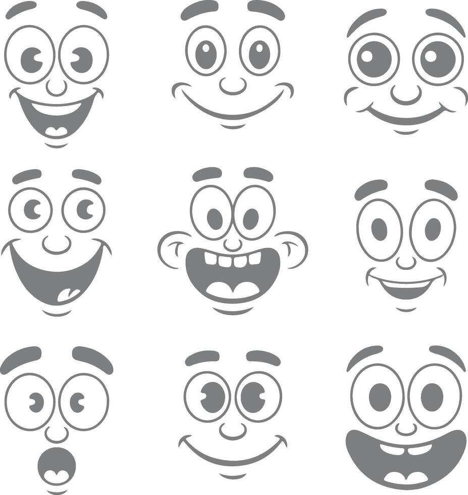 Nine Gray Cartoon Face Silhouettes Displaying Various Expressions Joyful Surprised Amused and Excited Emotions Illustration vector