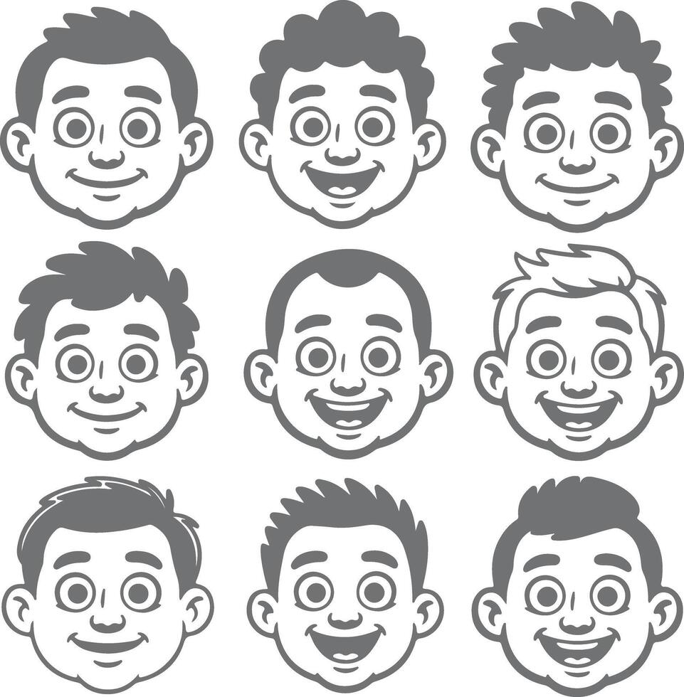 Nine Grey Silhouette Boy Faces Cartoon Style Happy Expressions Various Hairstyles Childrens Illustrations vector
