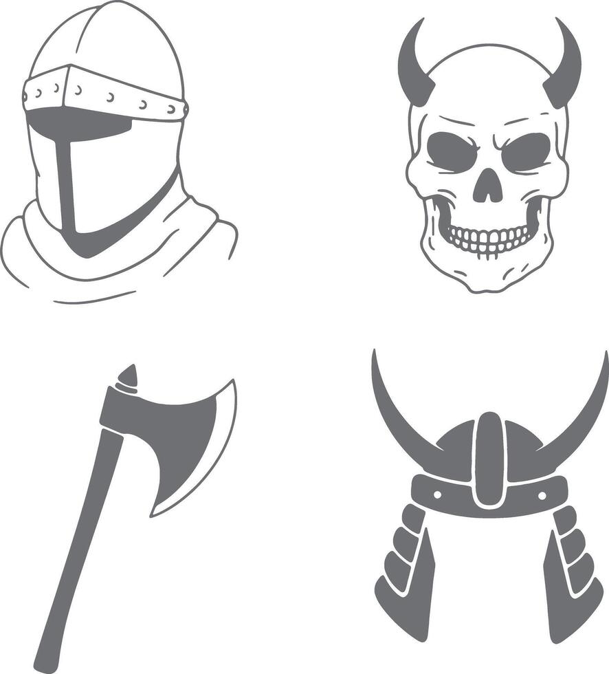 Grey Silhouette Medieval Knight Helmet Skull with Horns Axe Viking Helmet Illustration Set vector