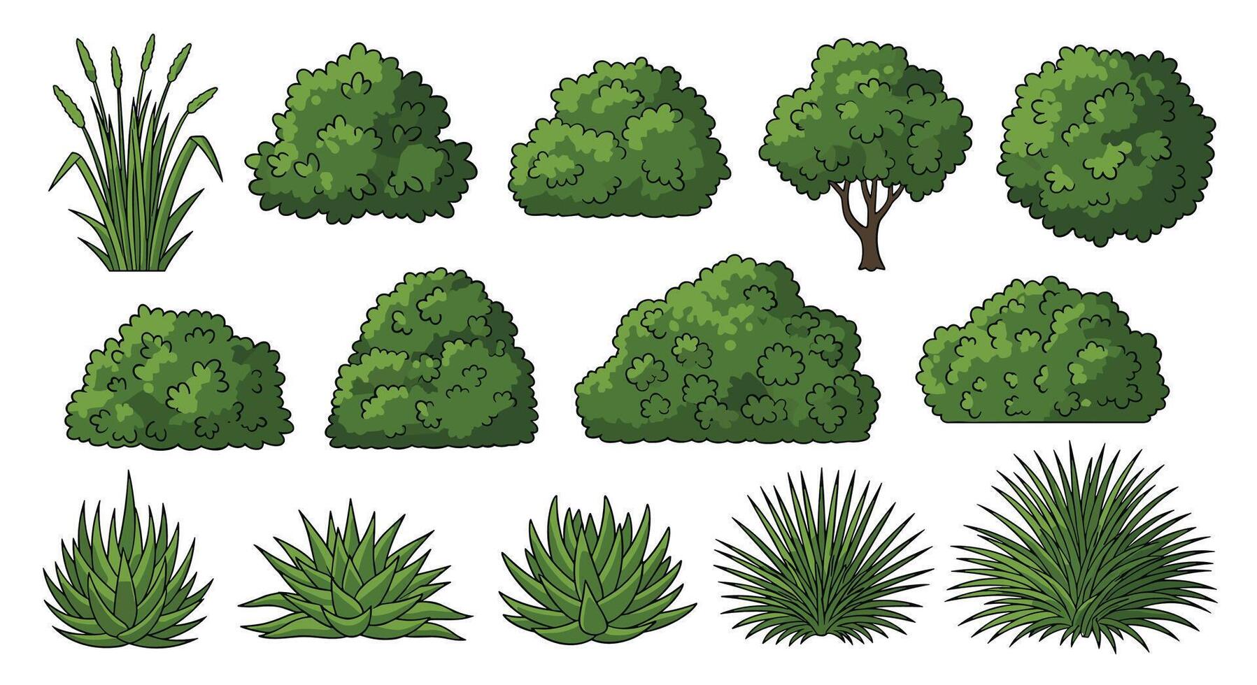 An Assortment of Pixelated Evergreen Shrubs and Grasses for Landscaping Projects vector