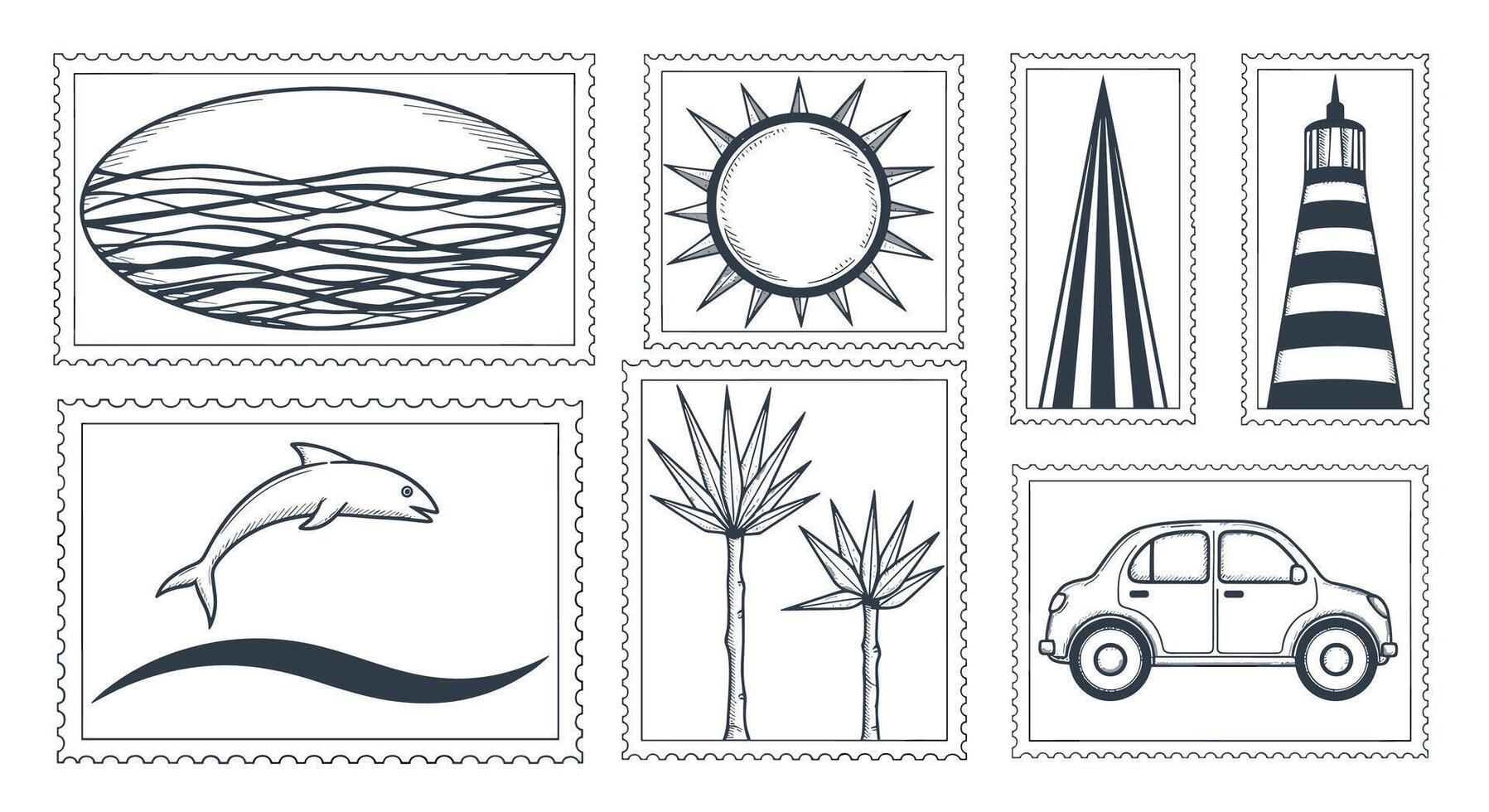 Summer Holiday Vacation Items and Activities Featuring Ocean Sun Dolphin Palm Trees Lighthouse Car vector