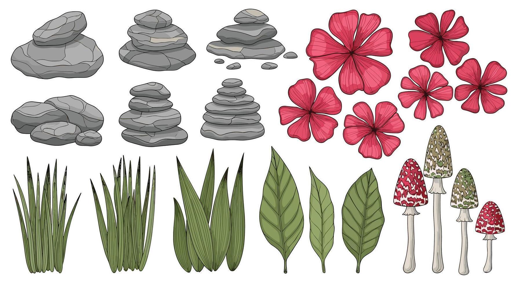 Various natural elements in pixel art style rocks flowers leaves grass and mushrooms vector