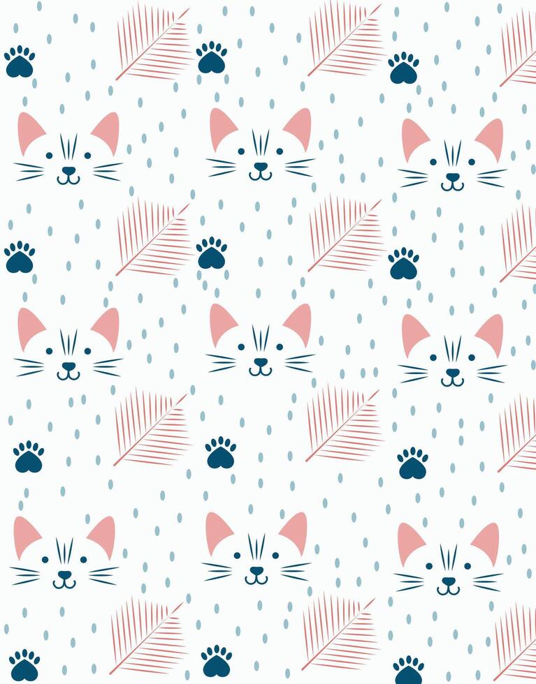 Cute kitten faces with paw prints and leaves vector
