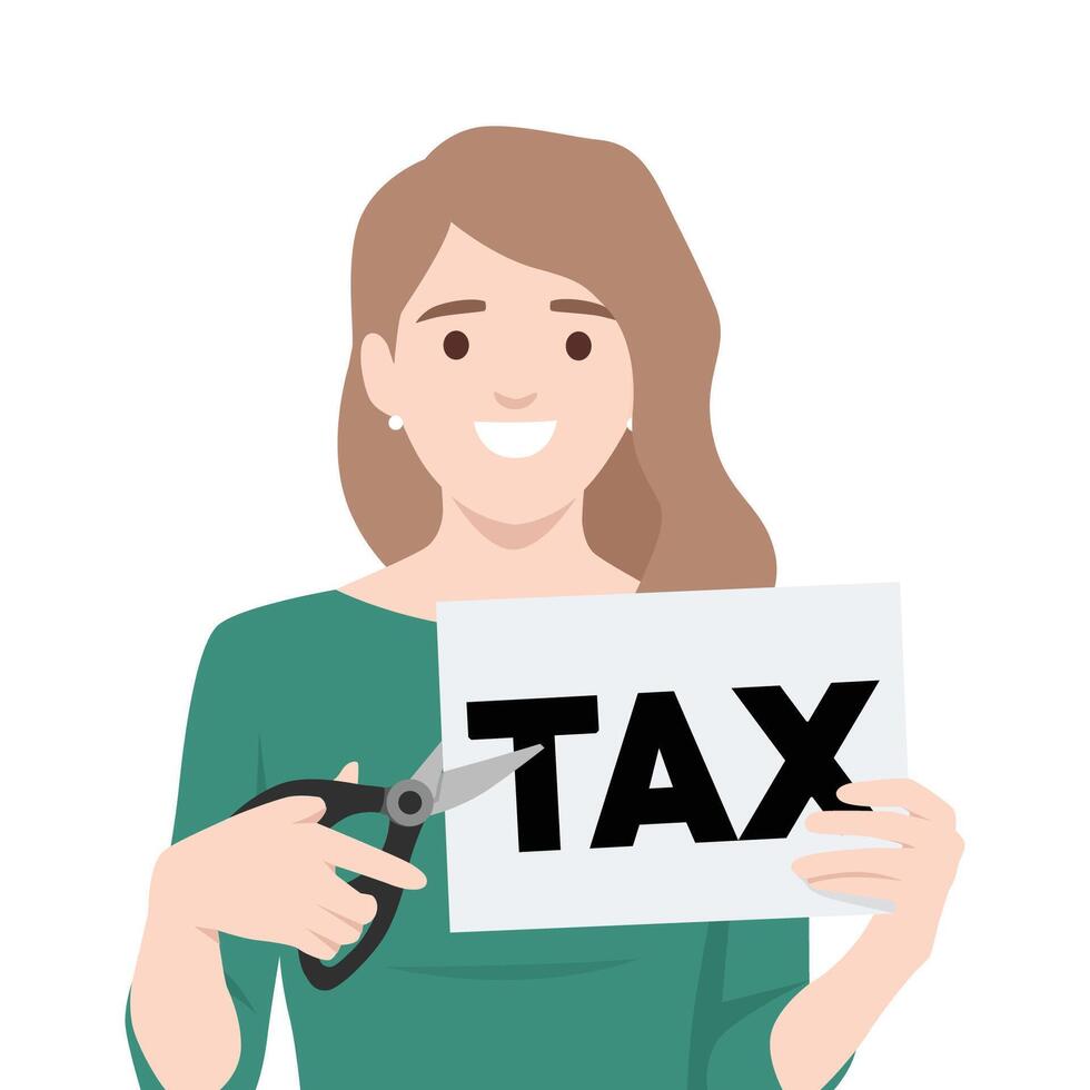 Woman is happily cutting a paper with the word TAX using scissors, Tax reduction or relief. vector