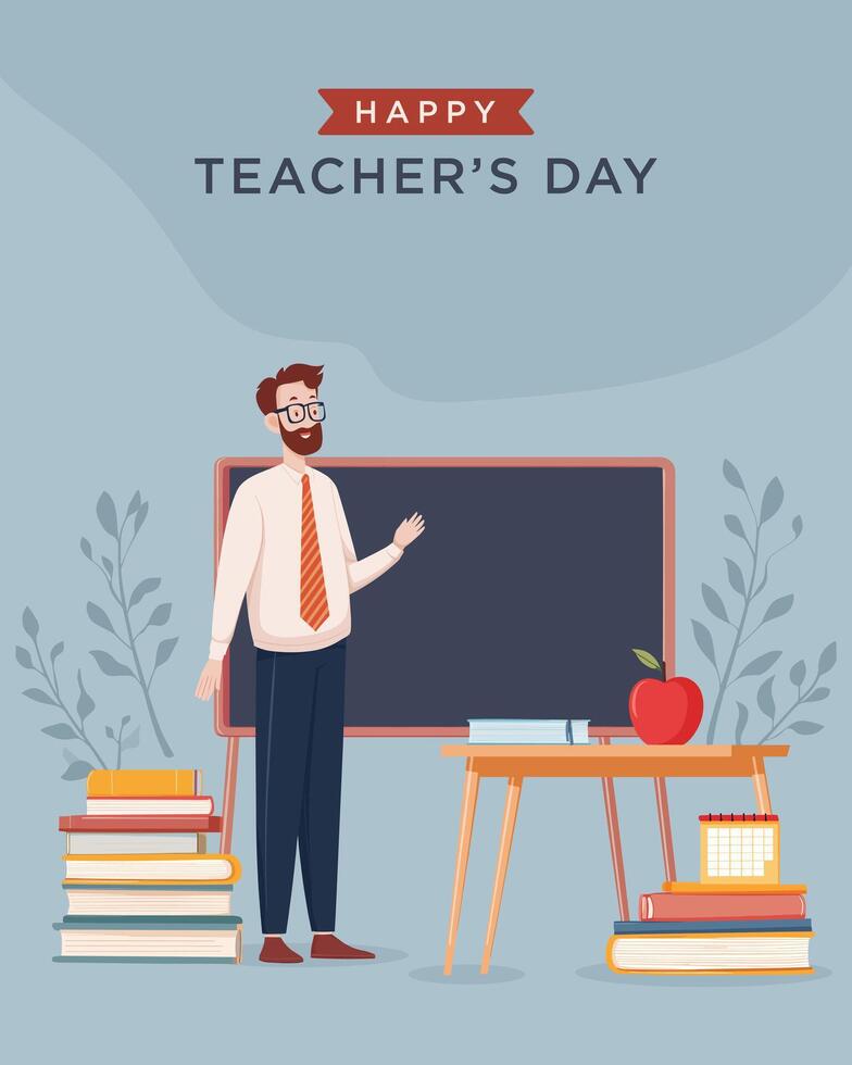Minimalist Happy Teachers Day Illustration with Teacher Chalkboard Apple and School Items vector