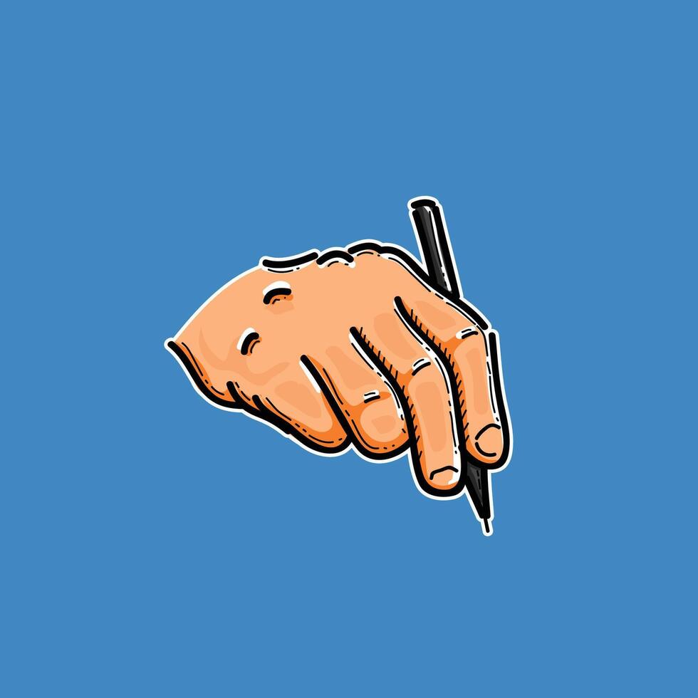 A digital hand-drawn illustration depicting a hand holding a pen, set against a solid blue background. The artwork highlights creativity, art, and the act of drawing or writing. vector