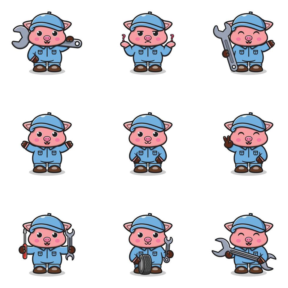 Illustration of Pig Mechanic Cartoon Character. vector