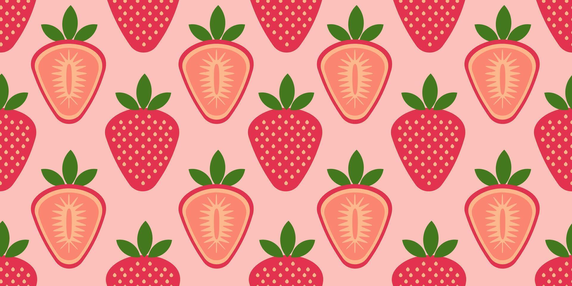 Seamless pattern with strawberries. Pattern alternates between whole strawberries with green leaves and halves of berries, on which seeds and insides of fruit are visible on pink background vector