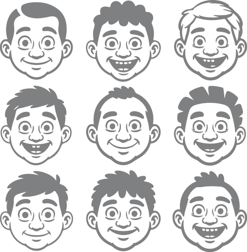 Nine Grey Silhouette Cartoon Boy Faces Smiling Expressions Various Hairstyles Headshots Set vector