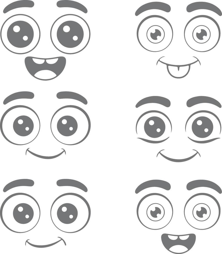 Six Gray Cartoon Faces with Varying Expressions Large Eyes and Simple Features Happy Surprised and Playful Emojis Silhouette Style Illustrations vector