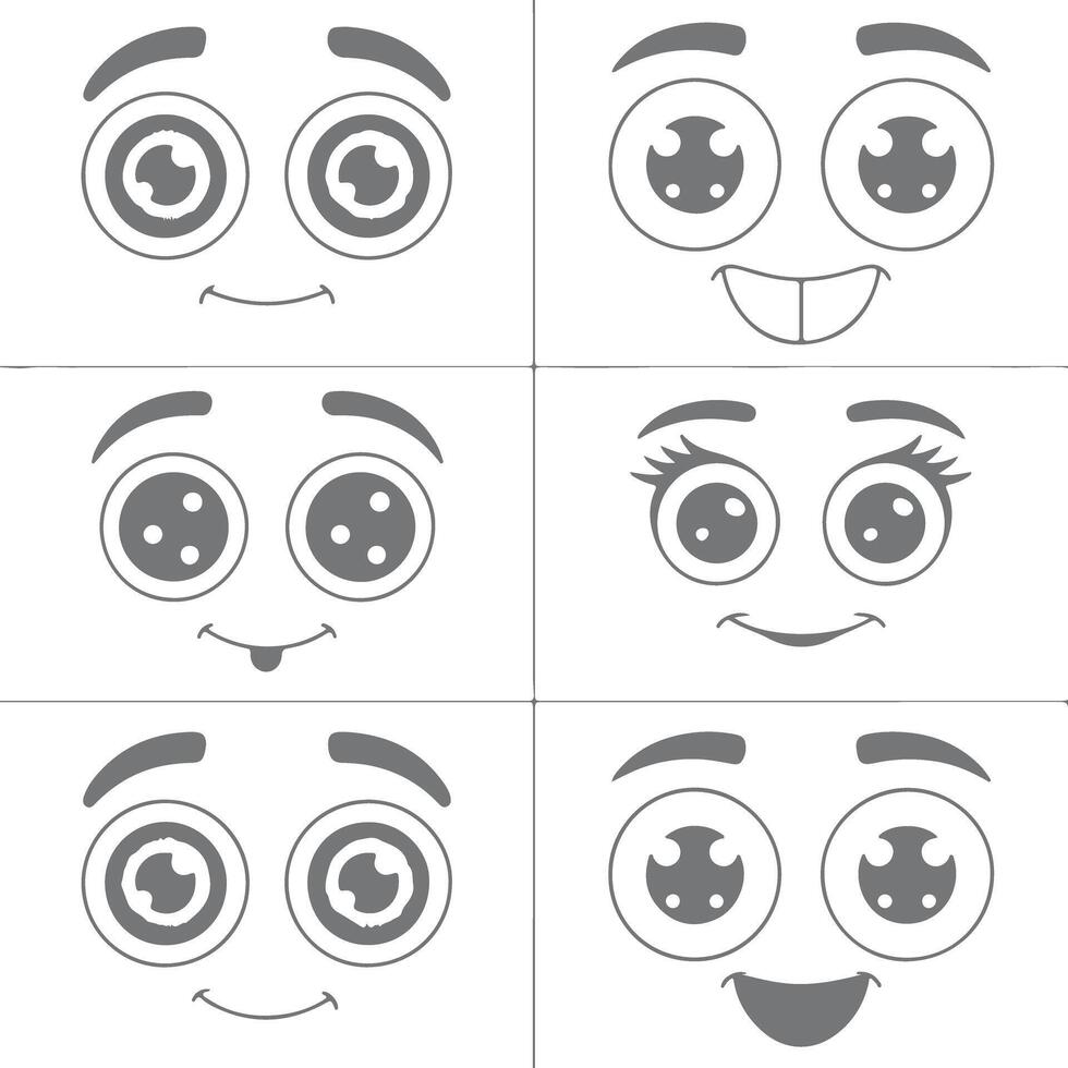 Six Gray Cartoon Faces with Varying Expressions Big Eyes Eyebrows and Mouths Simple Silhouette Style Illustrations vector