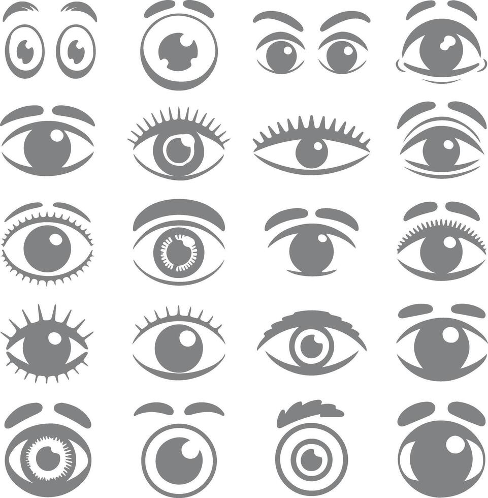 Collection of Gray Eyes Silhouettes Various Expressions Eyebrow Shapes Cartoon Style Eye Icons Set for Design vector