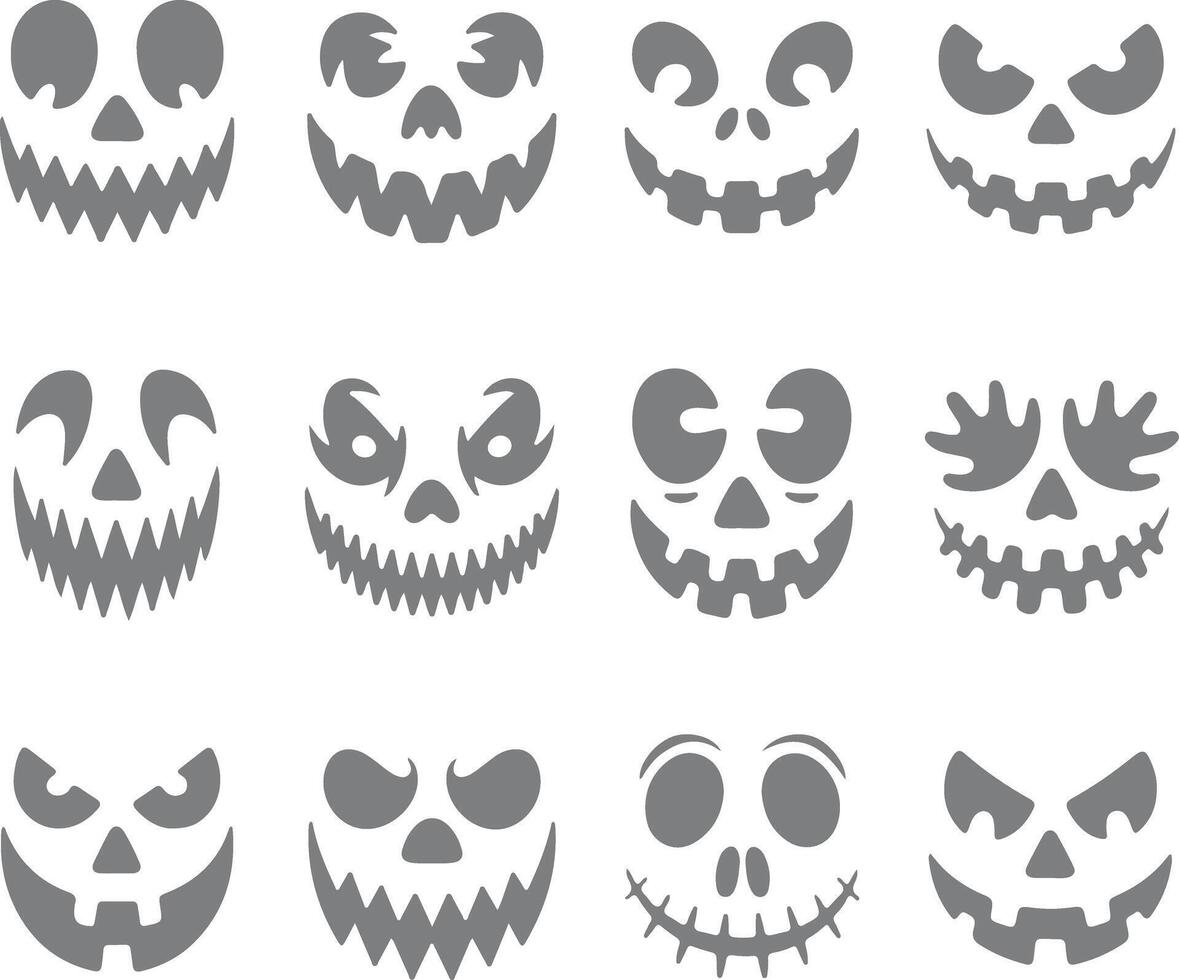 Twelve Gray Halloween Jackolantern Face Silhouette Designs Various Expressions Spooky Festive Carving Templates vector