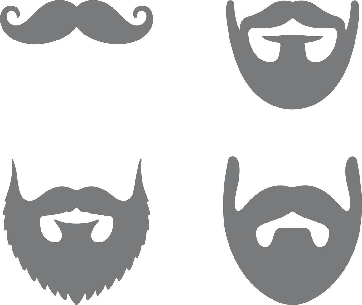 Four Gray Silhouettes of Mustaches and Beards on White Background Different Styles of Facial Hair for Men Gray Scale Icons Set vector