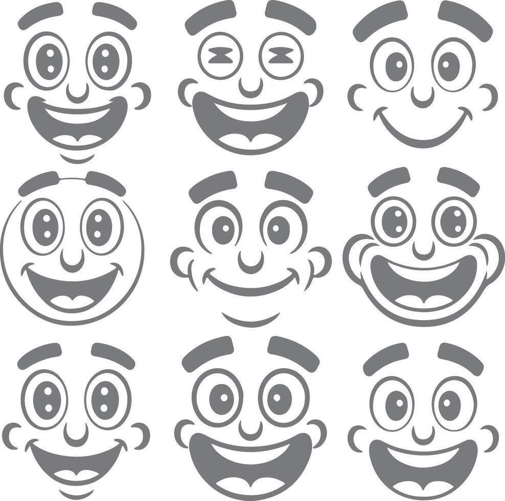 Nine Grey Cartoon Faces Smiling Expressions Happy Cheerful Big Eyes Wide Open Mouths Simple Design Silhouette Illustrations vector