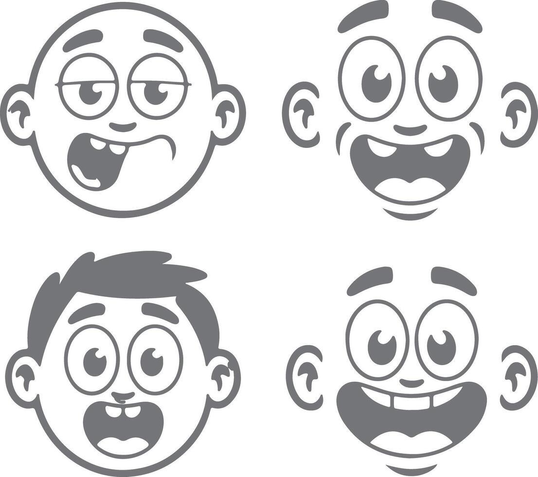 Four Gray Cartoon Child Face Silhouettes Different Expressions Happy Sleepy Surprised Excited Childish Fun Illustration vector